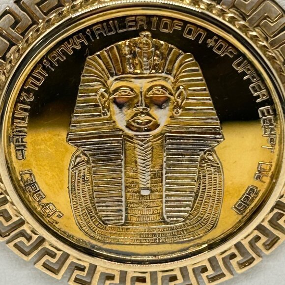 Tutankhamun Gold-tone Coin Pendant Necklace Egyptian Symbols & Greek Key Border - Picture 4 of 14